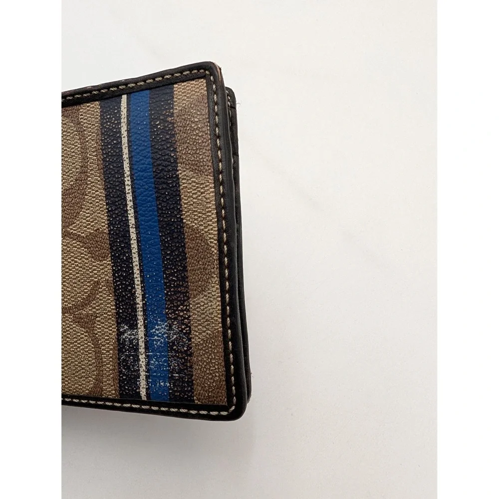 Coach Wallet Mens Brown Canvas Leather Bifold Signature Stripe Logo Card Holder